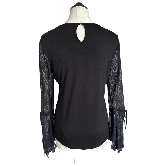 Vince Camuto Black Lace Bell Sleeve Blouse Keyhole Button Back Size Medium - Picture 7 of 16